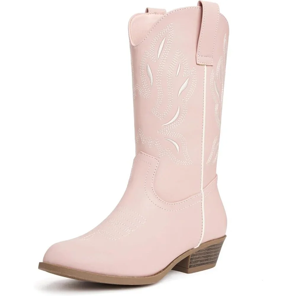 ⚡Kids Pink Polyurethane Cowboy Pointed Toe Mid-Calf Embroidered Side Zipper Boot